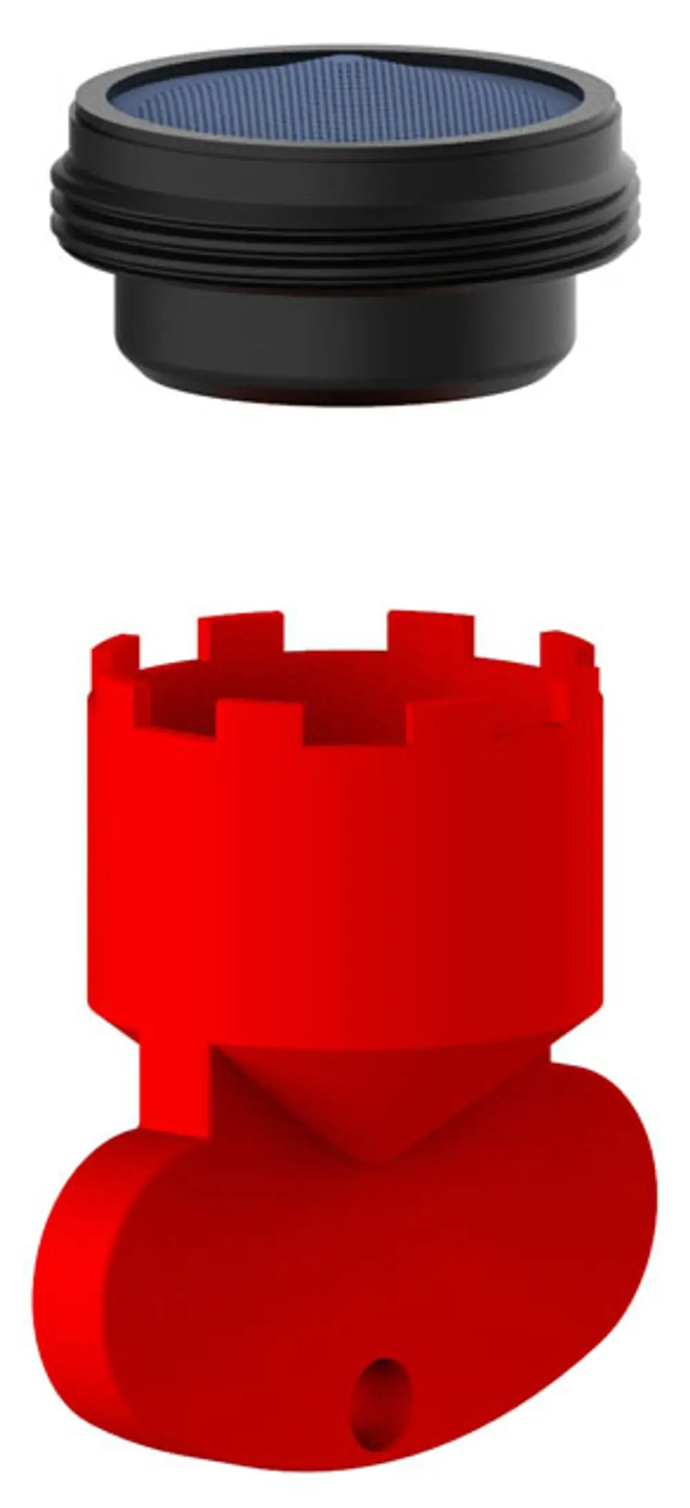 Zwei Komponenten eines Strahlreglers: eine schwarze Oberseite mit blauem Gitter und ein roter Unterteil. Marke: Keuco.